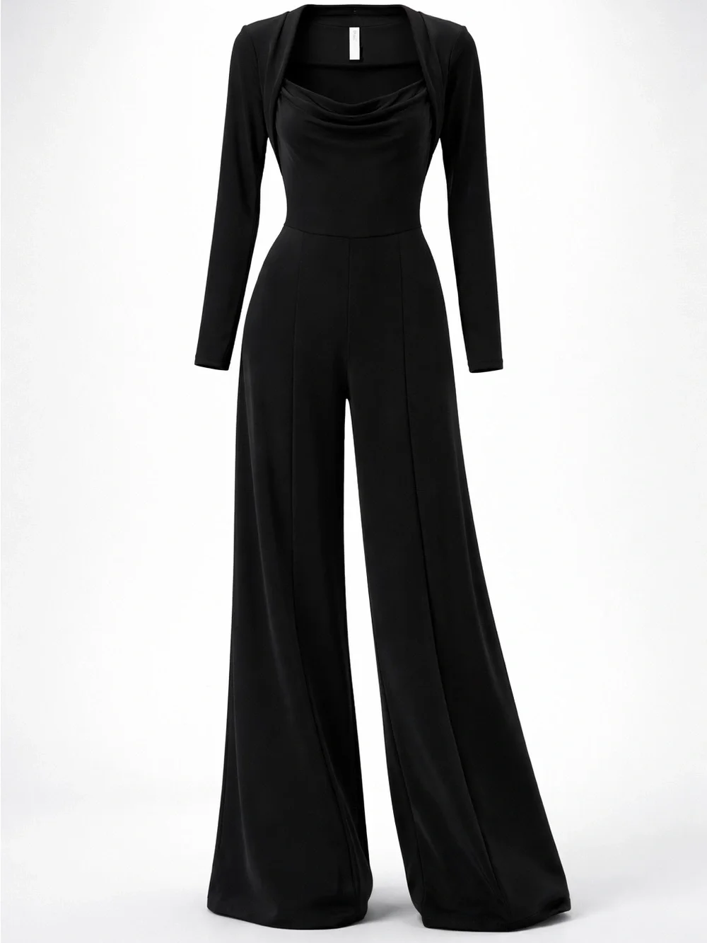 HALARA Black Long-Sleeve Wide-Leg Jumpsuit with Draped Neckline